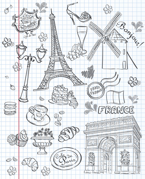 набір зображень з різних пам'яток, Парижа, franceset зображень з різних пам'яток, Париж, Франція. чорний контур - Вектор, зображення