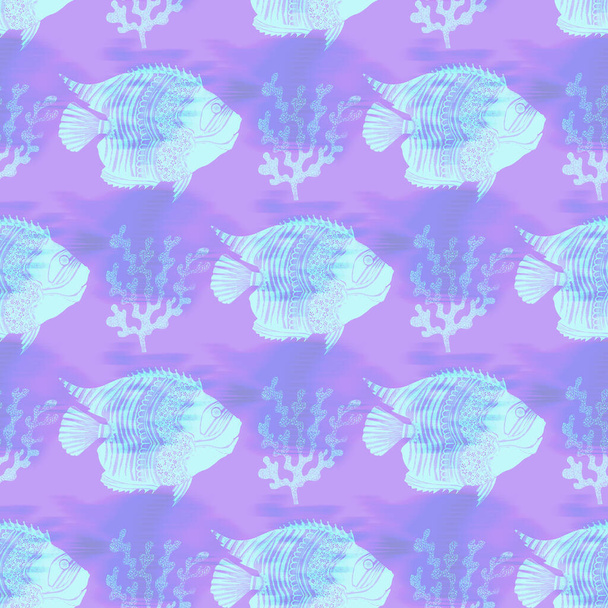 Ultraviolette iriserende vis patroon achtergrond. Moderne digitale lavendel peri paars onder de zee vissen textuur. Tropische kalme kust wellness overal print. - Foto, afbeelding