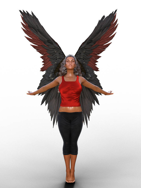 Black and red winged african woman standing arms out stretched illustration - Foto, Imagem