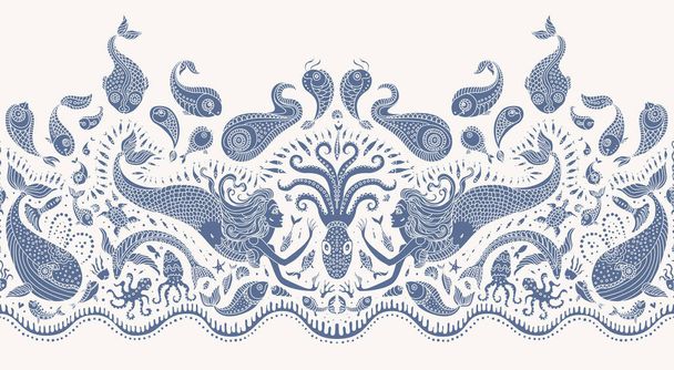 Vektornahtloses Randmuster. Fantasie-Meerjungfrau, Krake, Fische, Meerestiere blaue Silhouette dünne Linienzeichnung mit Ornamenten auf beigem Hintergrund - Vektor, Bild