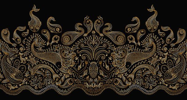 Vector Seamless gold border pattern. Fantasie Meerjungfrau, Krake, Fische, Meerestiere goldene Kontur dünne Linienzeichnung mit Ornamenten auf schwarzem Hintergrund. Stickrahmen, Tapetenfransen, Textildruck, Packpapier - Vektor, Bild