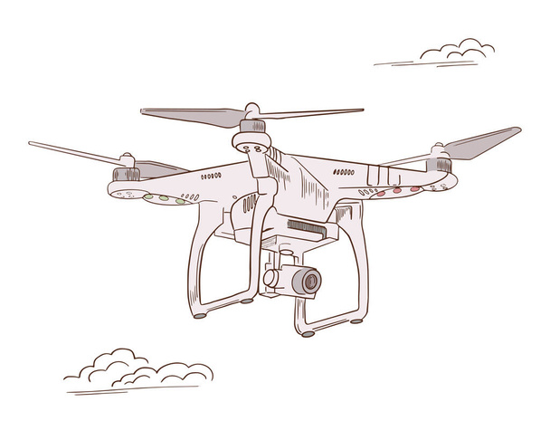 Handtekening vector illustratie afstandsbediening luchtvoertuig, quadrocopter vliegende schets. - Vector, afbeelding