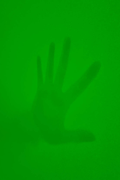 Auf grünem Hintergrund der Schatten der Hand eines Mannes - Foto, Bild
