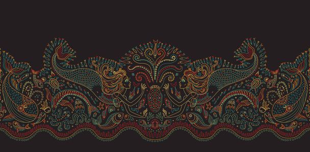 Vektor nahtlose Muster. Fantasie Meerjungfrau, Krake, Fische, Meerestiere bunte Kontur dünne Linienzeichnung mit Ornamenten auf schwarzem Hintergrund - Vektor, Bild