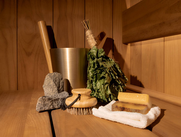 Bathhouse and sauna accessories in the steam room - Photo, Image