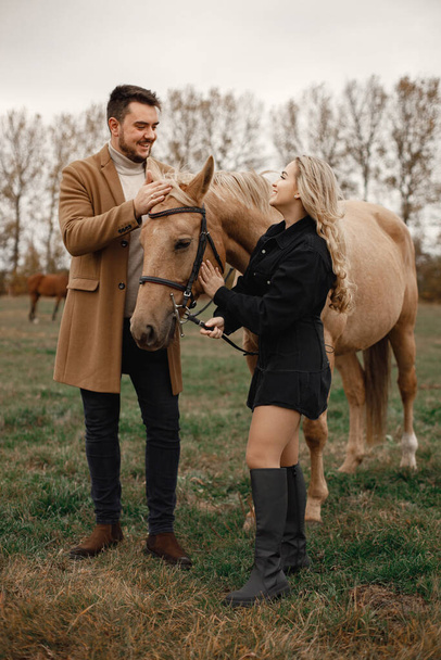 Romantic couple with a brown horse in the field - Fotografie, Obrázek