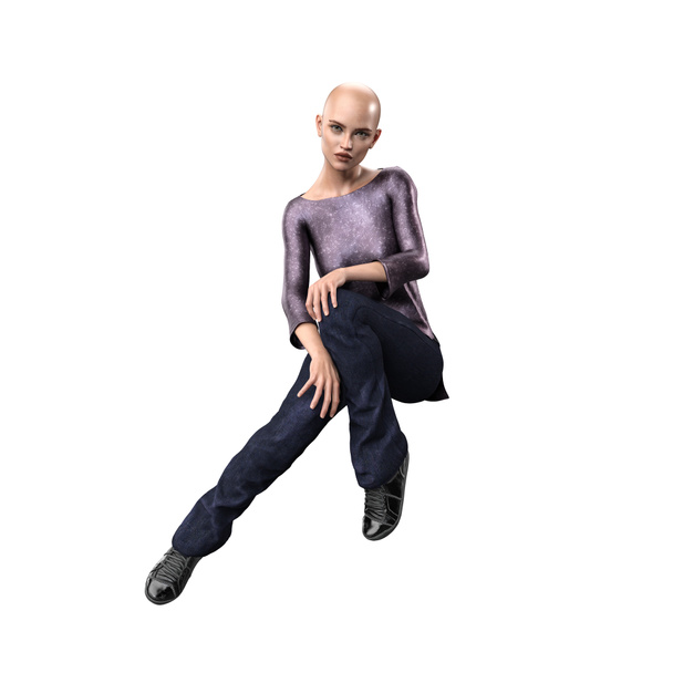 Сучасна жінка в джинсах з довгим світлим волоссям на Ізольованому білому тлі, 3D Рендерінг, 3D ілюстрація - Фото, зображення
