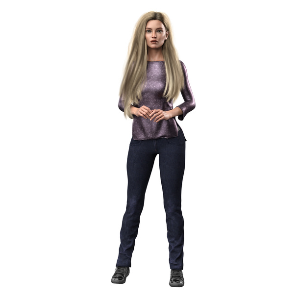 Contemporary Woman in Jeans with Long Blonde Hair on Isolated White Background, 3D Rendering, 3D illustration - Foto, imagen