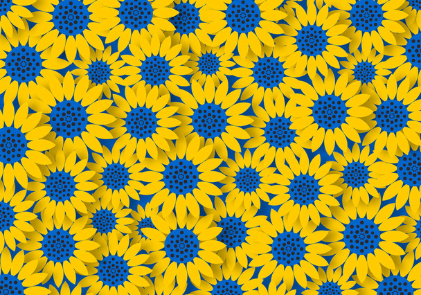 Papier cięcia stylu słoneczniki w symbolicznych kolorach flagi Ukrainy niebieski i żółty. Plakat poziomy pola uprawnego. - Zdjęcie, obraz