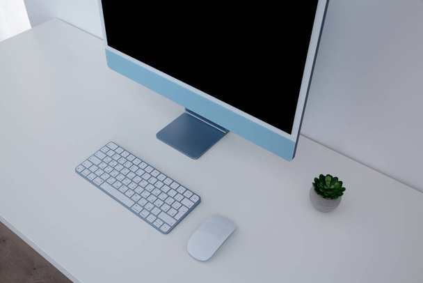 ワイヤレスキーボードとマウスを搭載したデスクトップコンピュータ。新モデル多色Apple iMac - 写真・画像