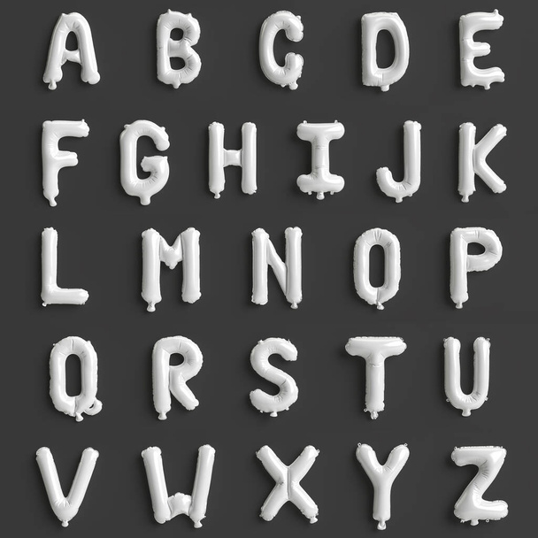 26 letras de la A a la Z 3d ilustración de globos blancos aislados sobre fondo negro - Foto, imagen