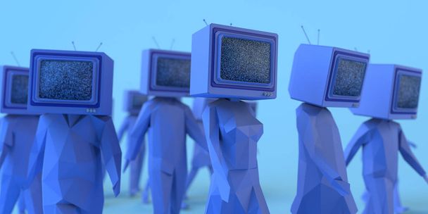 Group of people walking with an old television instead of head. Control and manipulation of mass media. Television audience. 3D illustration. Copy space. Selective focus. - Photo, Image