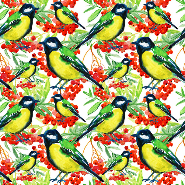Mooie rode Rowan bessen takje en vogels - Foto, afbeelding