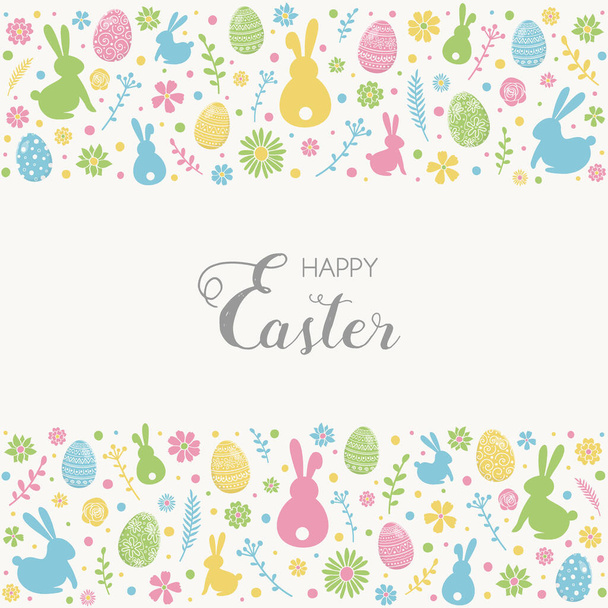 Happy Easter. Colourful eggs, bunnies and flowers on white background. Vector - Vecteur, image