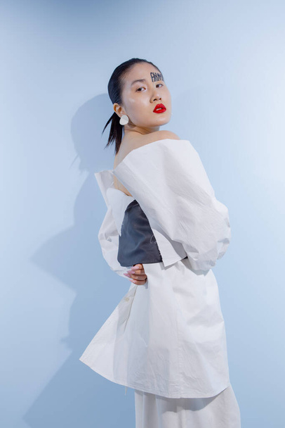 Portrait de mode d'art d'une fille avec l'aspect asiatique dans le studio  - Photo, image