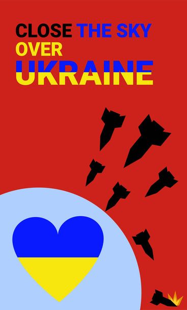 Coração ucraniano sob a cúpula da proteção contra a guerra. Conchas e bombas voam para a Ucrânia, mas caem por causa da proteção. Feche o céu sobre o texto tipográfico Ucrânia. Cartaz sobre um fundo vermelho - Vetor, Imagem