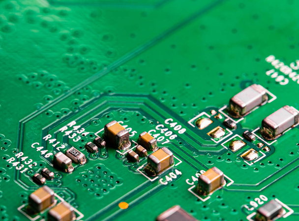 Macro Close up of printed wiring on PC circuit board of modem router	 - Foto, Imagem