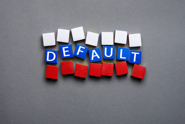 Disintegration block letters wood word default in Russian flag cubes. Wooden cubes with text concept default blocks collapsed Russian federation crisis. Cubes default text isolated flag Russia concept - Photo, Image