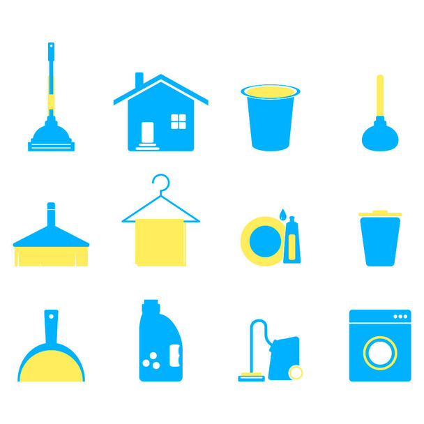 Коллекция иконок уборка и домашние работы. Иллюстрация бытовых икон, уборка посуды, мусора из бутылок и мусора, вектор санитарной уборки - Вектор,изображение
