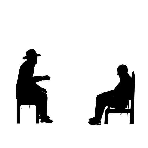 Shiva - Vektorová ilustrace Žida sedícího na nízké židli truchlícího nad svým příbuzným. Má roztrženou košili. Před ním na obyčejném křesle sedí rabín, který ho utěšuje.Plochá barevná malba. - Vektor, obrázek