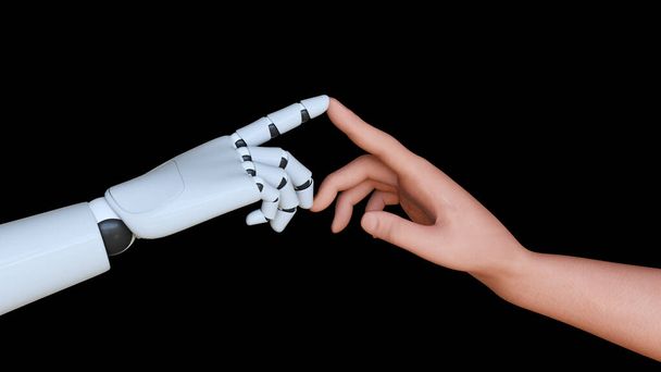 Связь между человеком и роботом с finger.3D рендеринг футуристической концептуальной включают в себя альфа-путь. - Фото, изображение