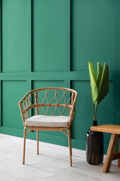 Плетеный стул и ваза с пальмовыми листьями возле цветной стены - Фото, изображение