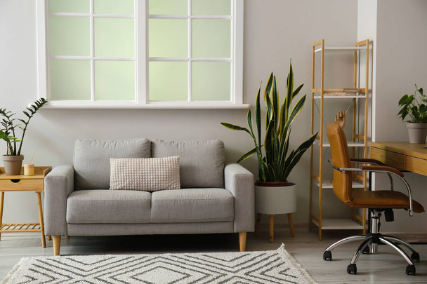 Інтер'єр світлої вітальні з сірим диваном і сучасним робочим місцем
 - Фото, зображення