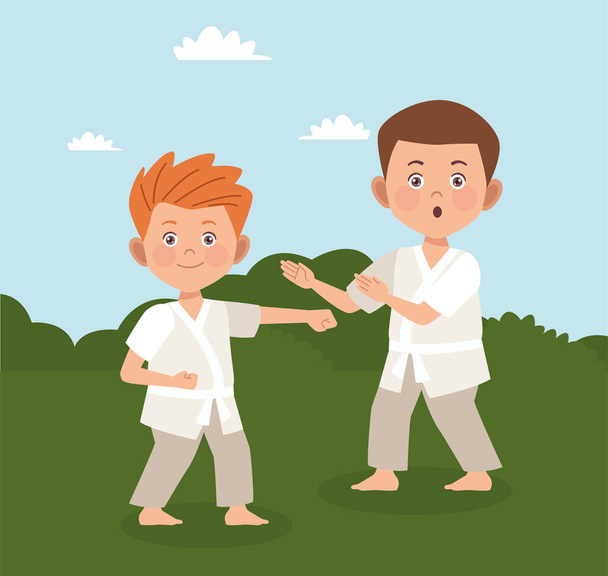 chicos pareja practicando karate - Vector, Imagen