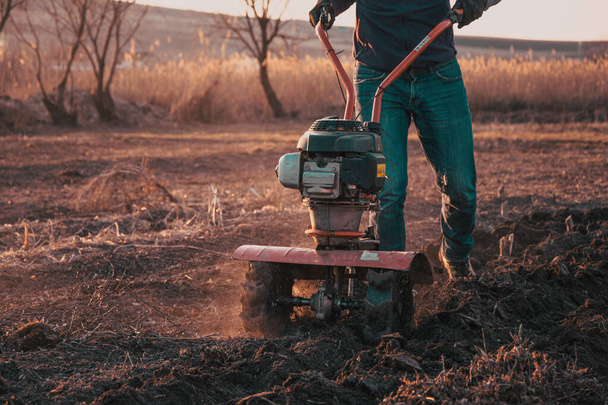 Un agriculteur désherbage le champ avec un tiller. L'homme assouplit le cultivateur de sol. - Photo, image