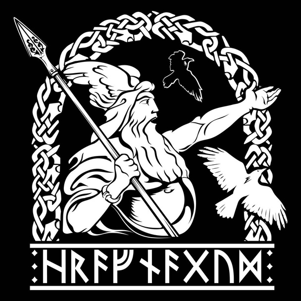 Eski İskandinav tarzı tasarım. Eski İskandinav Tanrısı Wotan ve İki Kuzgun. Rünlerle yazılmış Hrafnagud, Tanrı Odin 'in adı. - Vektör, Görsel