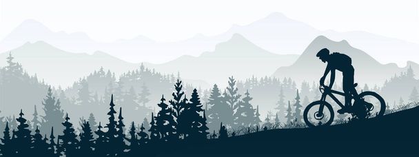 Vahşi doğa manzarasında bir dağ bisikletçisi silueti. Dağlar, arka planda orman. Sihirli sisli doğa. Mavi Resim. - Vektör, Görsel