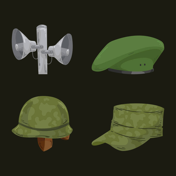 τέσσερα εικονίδια στρατιωτικού εξοπλισμού - Διάνυσμα, εικόνα