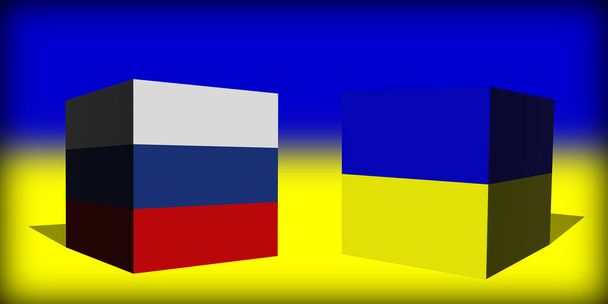 Ukrajna Oroszország. Konfliktus Oroszország és Ukrajna háborús koncepciója között. Ukrajna zászló háttér. Ukrajna és Oroszország 3D kockák Vízszintes kialakítás. Illusztráció. Térkép. - Fotó, kép