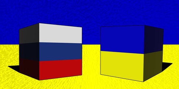 Oekraïne Rusland. Conflict tussen Rusland en Oekraïne oorlogsconcept. Oekraïense vlag achtergrond. Oekraïne en Rusland 3D kubussen Horizontaal ontwerp. Illustratie. Kaart. - Foto, afbeelding