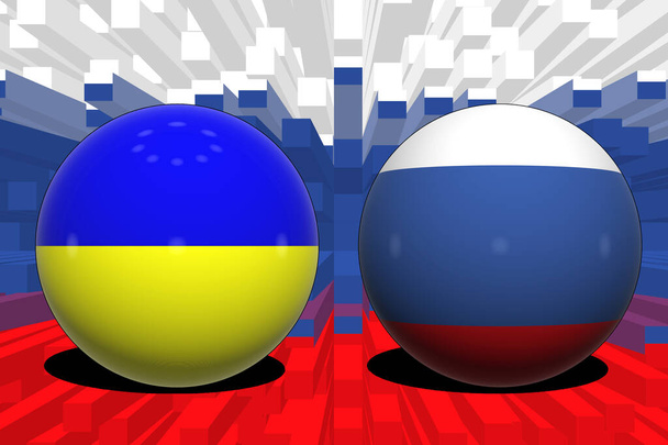 Oekraïne Rusland. Conflict tussen Rusland en Oekraïne oorlogsconcept. Russische vlag achtergrond. Oekraïne en Rusland 3D ballen. Horizontaal ontwerp. Illustratie. Kaart. - Foto, afbeelding