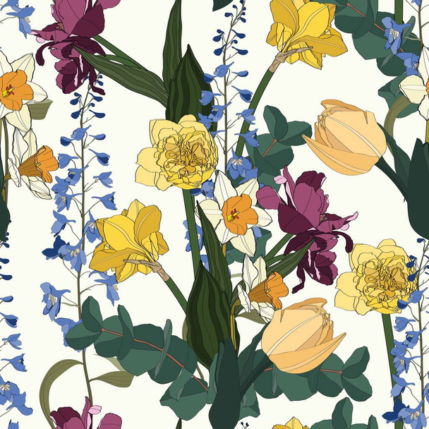 Leuchtende Frühlingsblumen, Tulpen, Narzissen und Hyazinthen, nahtlose Musterillustration. - Vektor, Bild