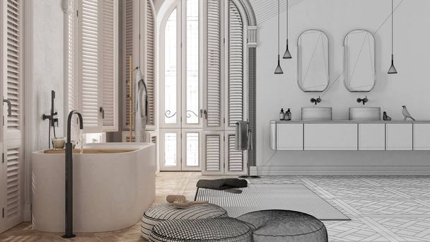 Концепція дизайнера інтер'єру: намальований проект незавершеного проекту, який стає реальним, ванна кімната з арочним вікном. Окрема ванна, умивальники, дзеркала, килим, стійка
 - Фото, зображення