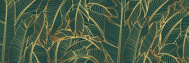 Golden floral pattern with Tropical bananas leaves. Tropical leaves in retro style. Hand drawn green leaves pattern. Line art.  - ベクター画像
