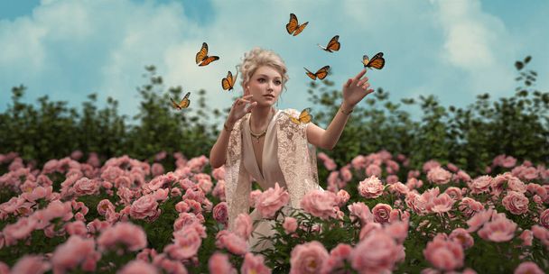 3d gráficos por computadora de una chica rodeada de rosas y mariposas - Foto, imagen