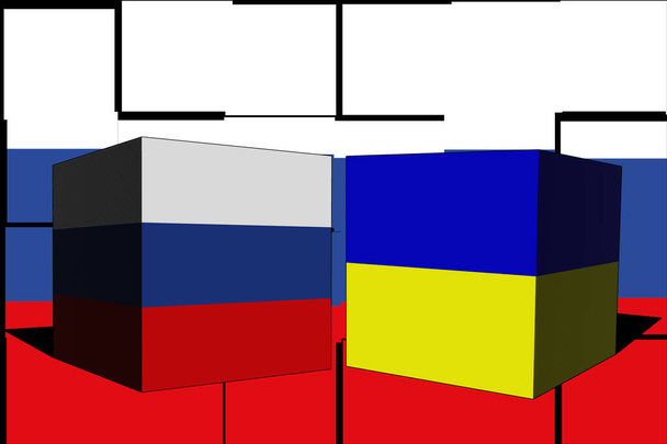 ウクライナロシア。ロシアとウクライナの戦争の概念の間の紛争。ロシアの国旗の背景。ウクライナとロシアの3Dキューブ。水平デザイン。イラスト。地図. - 写真・画像