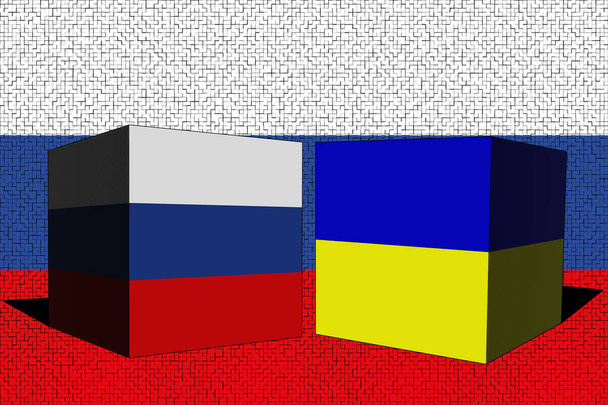 Oekraïne Rusland. Conflict tussen Rusland en Oekraïne oorlogsconcept. Russische vlag achtergrond. Oekraïne en Rusland 3D blokjes. Horizontaal ontwerp. Illustratie. Kaart. - Foto, afbeelding