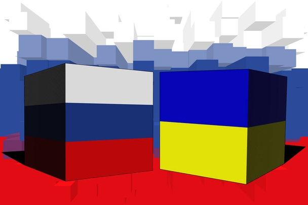 ウクライナロシア。ロシアとウクライナの戦争の概念の間の紛争。ロシアの国旗の背景。ウクライナとロシアの3Dキューブ。水平デザイン。イラスト。地図. - 写真・画像
