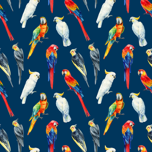 Tropische vogels, aquarelpapegaaien. Naadloze patronen met de hand getekend - Foto, afbeelding