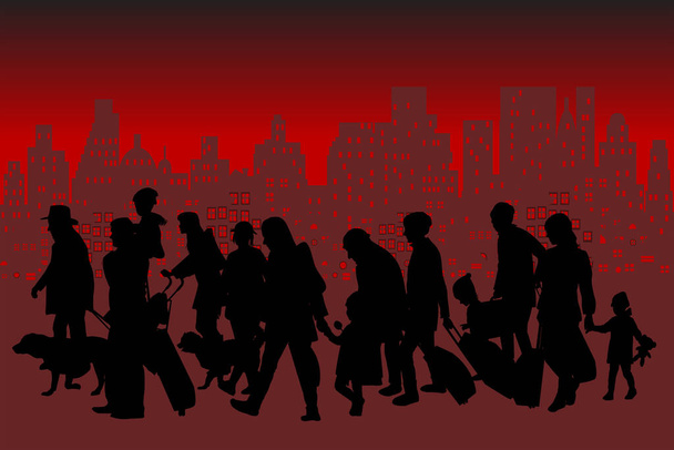 Silhouette einer Gruppe von Flüchtlingen über der blutigen Skyline der Stadt - Vektor, Bild