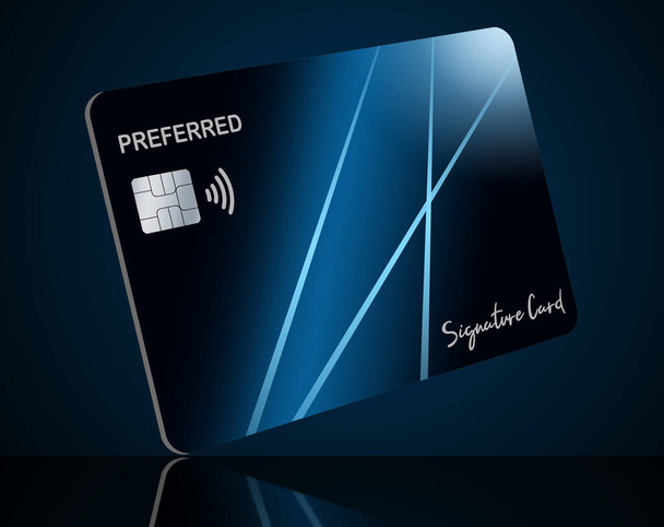 Nowoczesna, typowa, pozorna karta kredytowa lub karta debetowa jest oznaczona jako karta dla preferowanych klientów i jako karta podpisu. To trójwymiarowa ilustracja.. - Zdjęcie, obraz