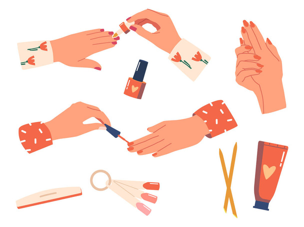 Набор женских рук маникюр Процедура, женский характер ногтей покрытия с польским, цветовой палитры, ногтей файл, деревянные палочки - Вектор,изображение