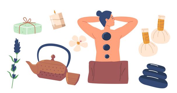 Set of Icons Spa Salon Procedures. Female Character Apply Stone Massage, Aroma Therapy, Body Care, Craft Soap, Lavender - Vector, Image