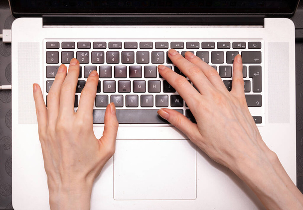 Female hands typing on open laptop keyboard - Valokuva, kuva
