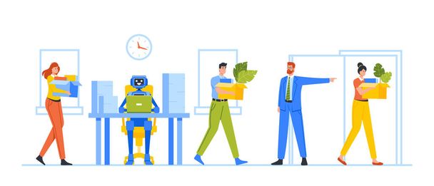 Főnök alkalmazottakat cserél a Roboton. Férfi karakter Szabadság Office Dolog kartondobozban miatt elbocsátás a munkahelyről - Vektor, kép