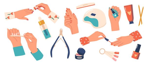 Набор женщин маникюр Процедура маникюра, женский характер ногтей покрытия с польским, клипперы, лампа, акриловый гель, палитра цветов - Вектор,изображение